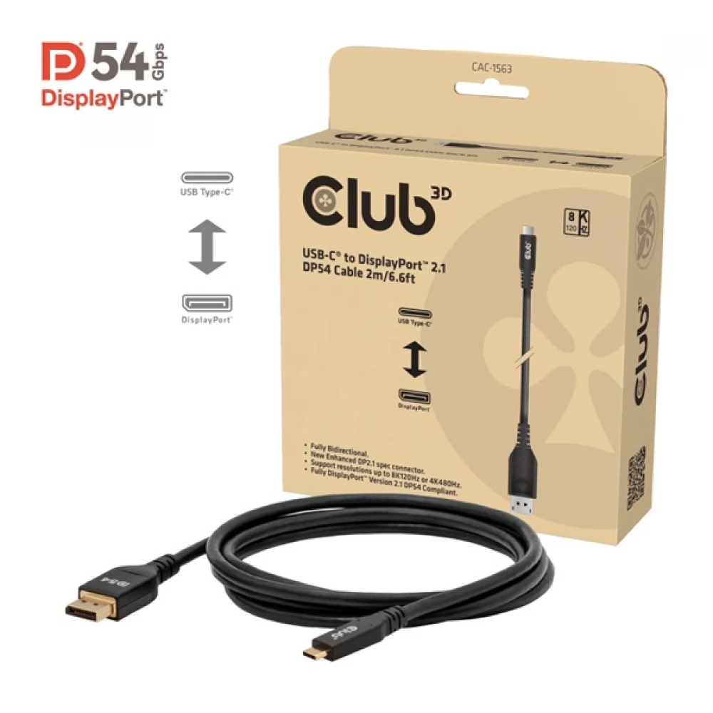 CLUB3D USB 3.0 Type C DisplayPort 2.1 Átalakító Fekete 2m CAC-1563