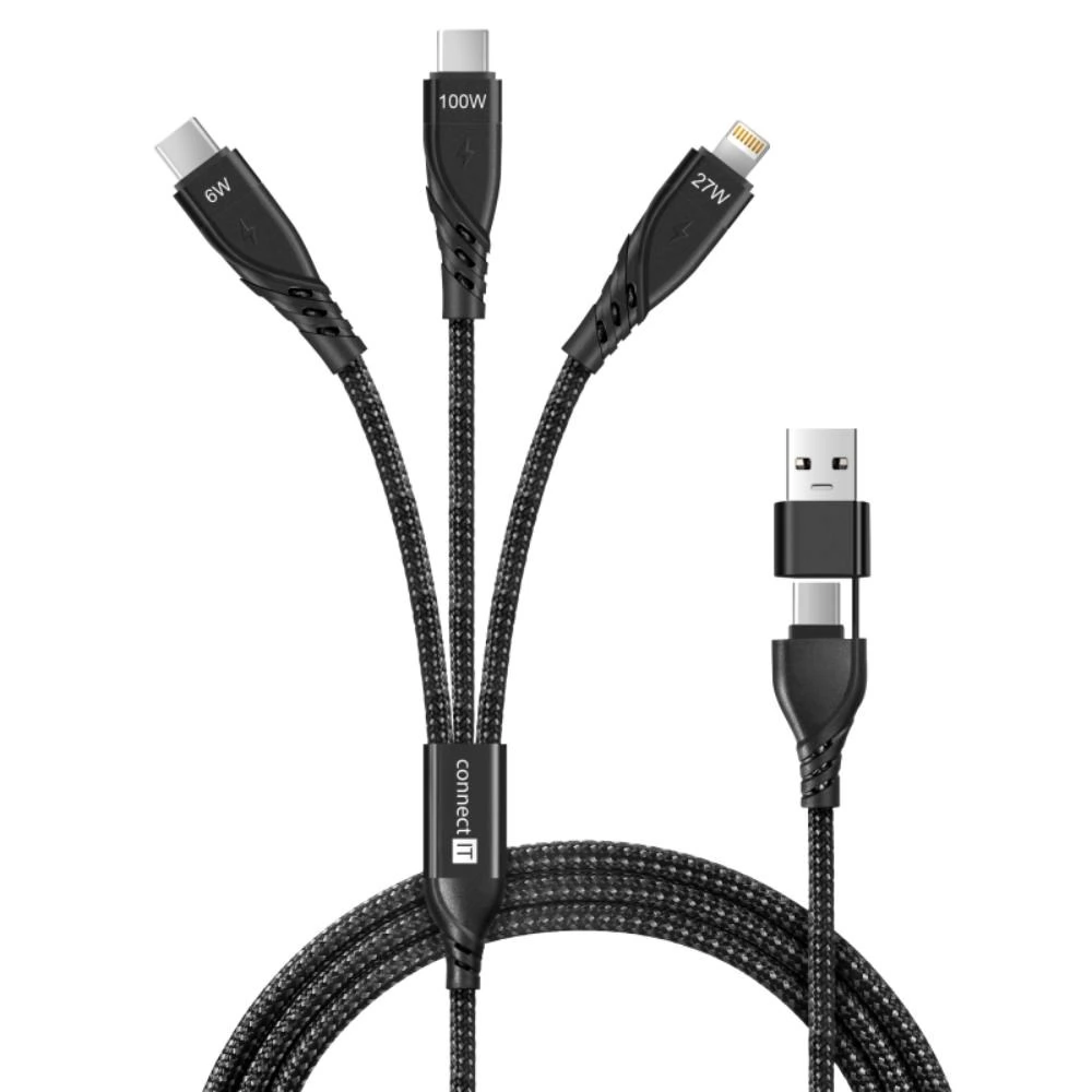 CONNECT IT USB 2.0 + USB 2.0 Type C Lightning + USB Type C Átalakító Fekete 1.25m CCA-2320-BK