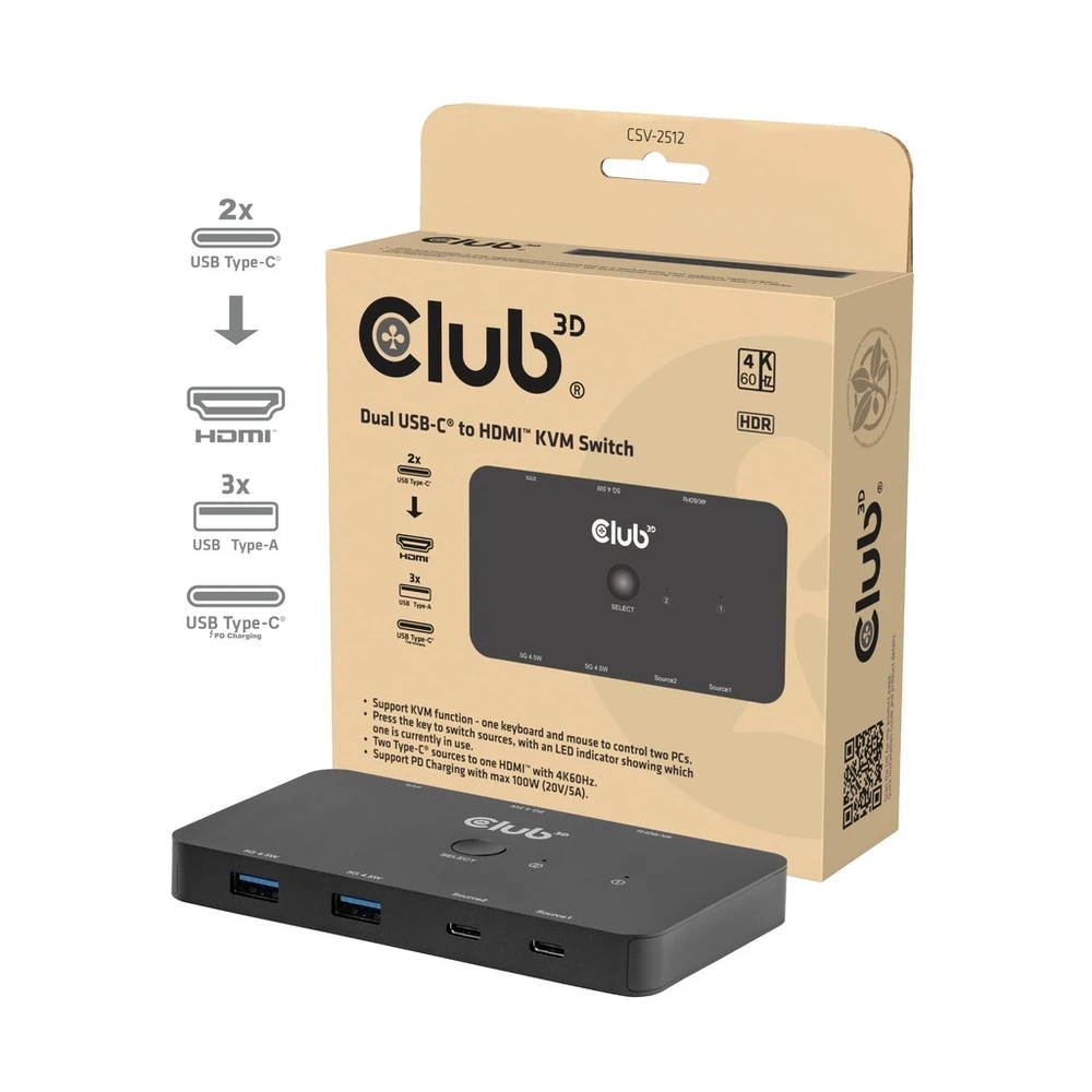 CLUB3D CSV-2512 KVM Switch Dual USB type C to HDMI 4K 60Hz