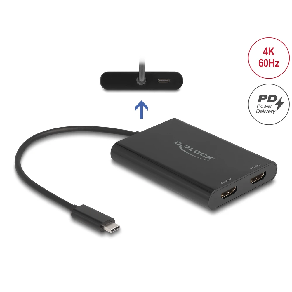DELOCK USB Type-C adapter 2 x HDMI 4K 60 Hz-hez DisplayLink grafikával és USB PD-vel
