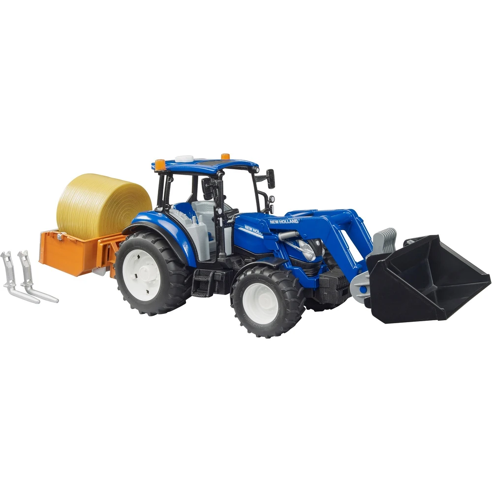 BRUDER New Holland T5.120 tractor loader szállítóládával villákkal and szénabálákkal - 1:16 modellautó 02187