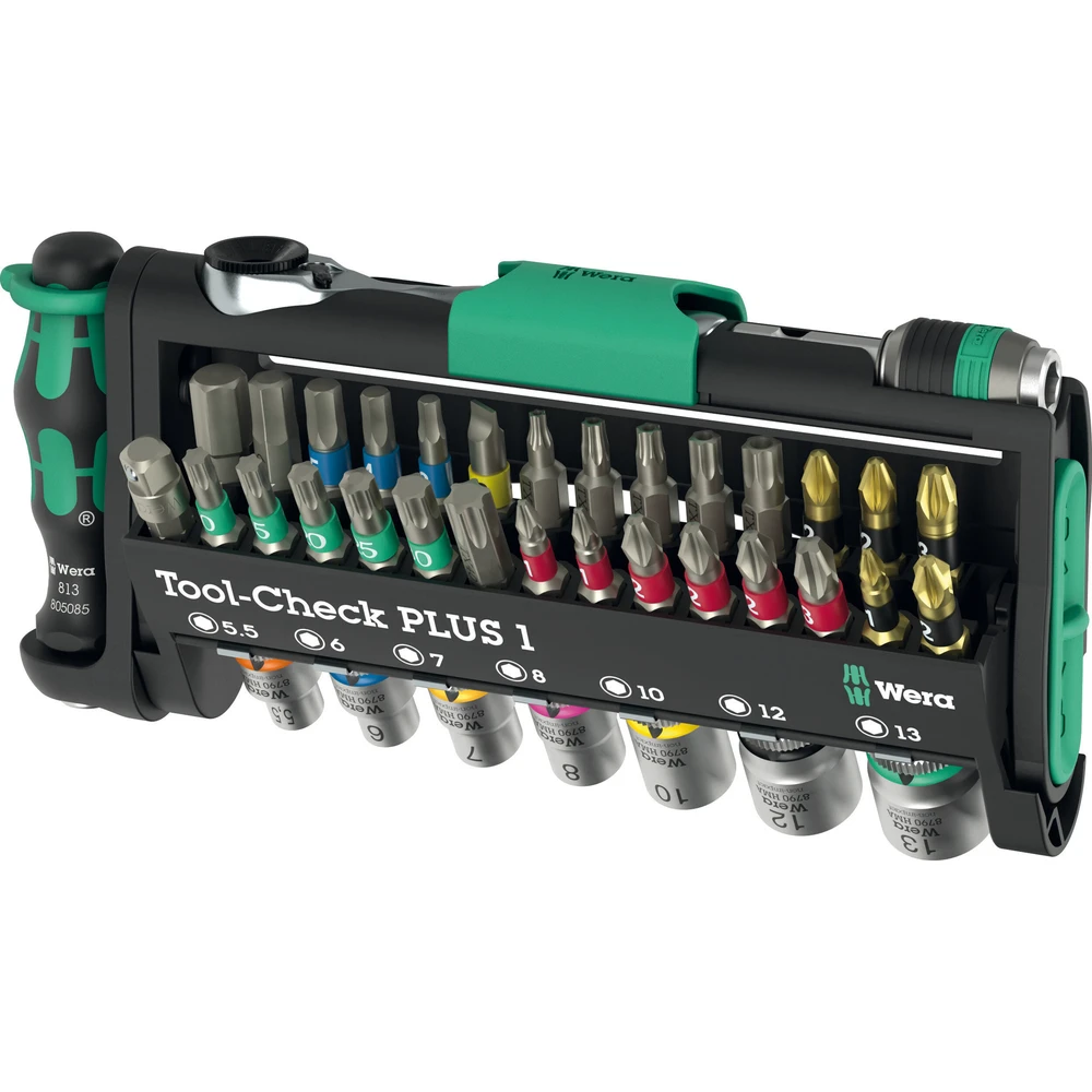WERA Tool-Check PLUS 1 bit stock fekete/zöld. 39 darabos. 1/4" bit ratchet with key 05049055001