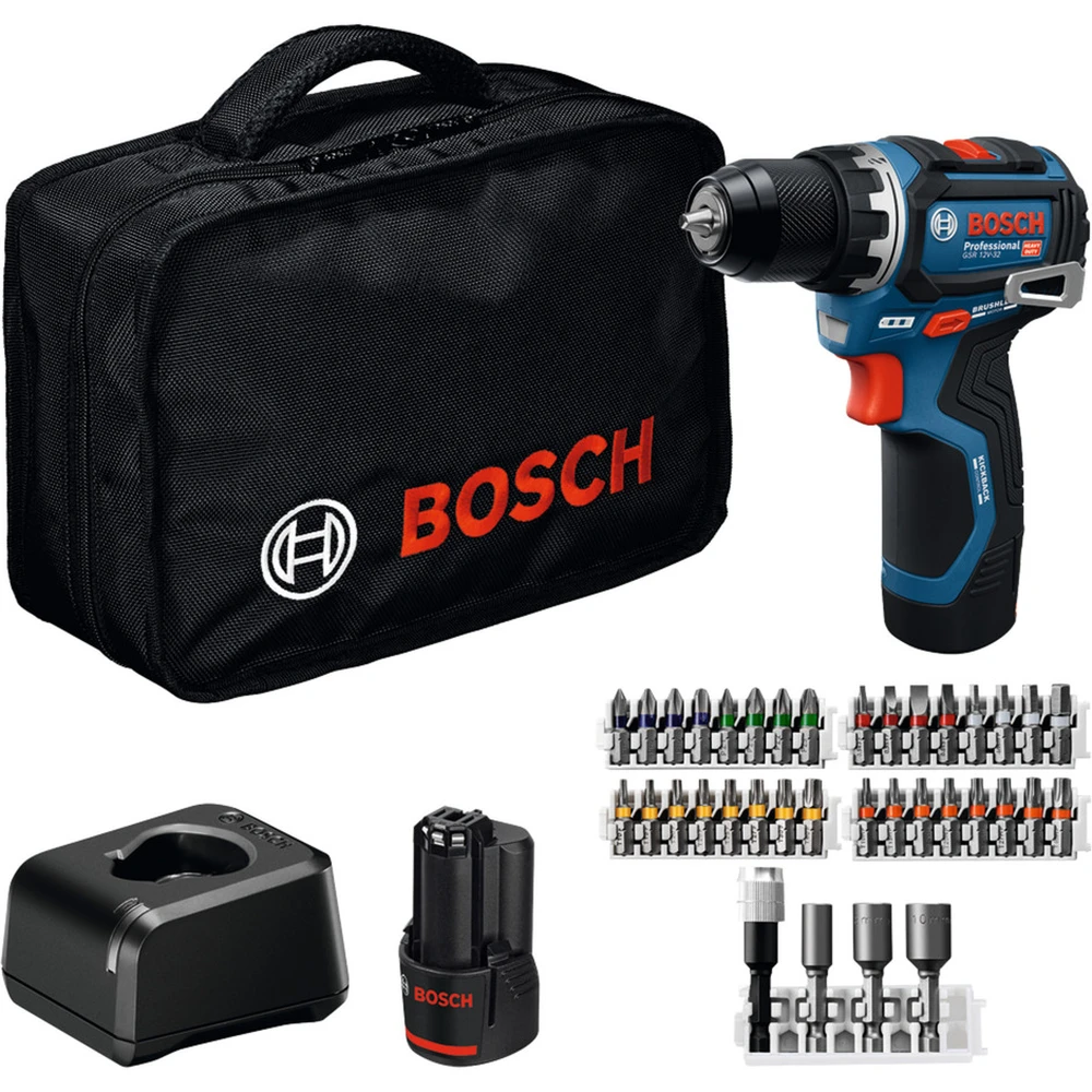 BOSCH GSR 12V-32 Akkus Drill and Screw + 2x2.0Ah akku + 32 parts accessory stock + carrying case 06019N7004