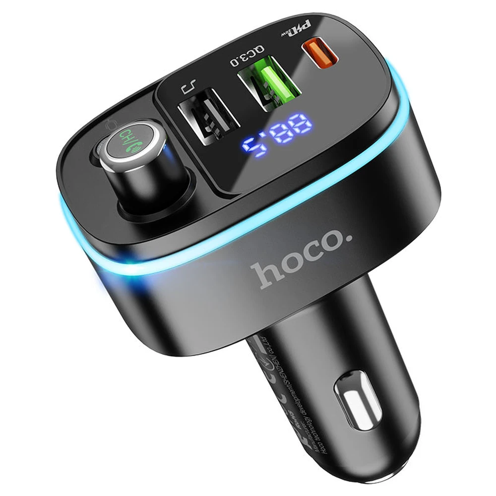 HOCO E62 bluetooth FM transmitter autós töltő 2 USB+Type-C 20W LED fekete