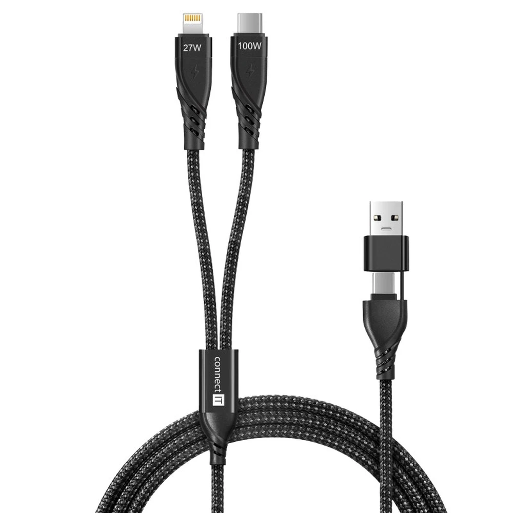 CONNECT IT USB 2.0 + USB 2.0 Type C Lightning + USB Type C Fekete 1.25m CCA-2310-BK
