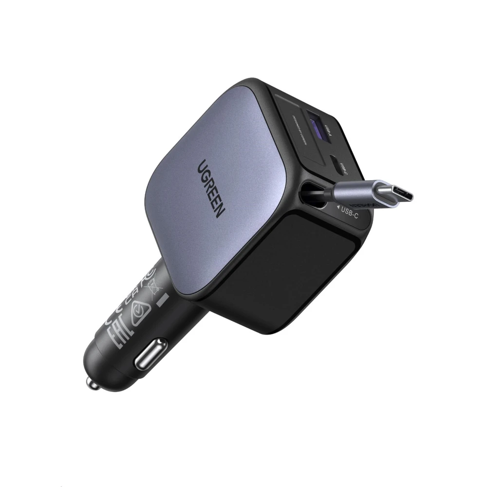 UGREEN 55909B Car charger pullable USB-C cable 3 port 90W silver