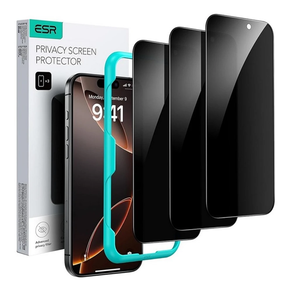ESR iPhone 17 Pro Max / iPhone 18 Pro Max PRIVACY screen protector glass 3pcs 2.5D 9H betekintés ellen + segédkeret black GP-181689