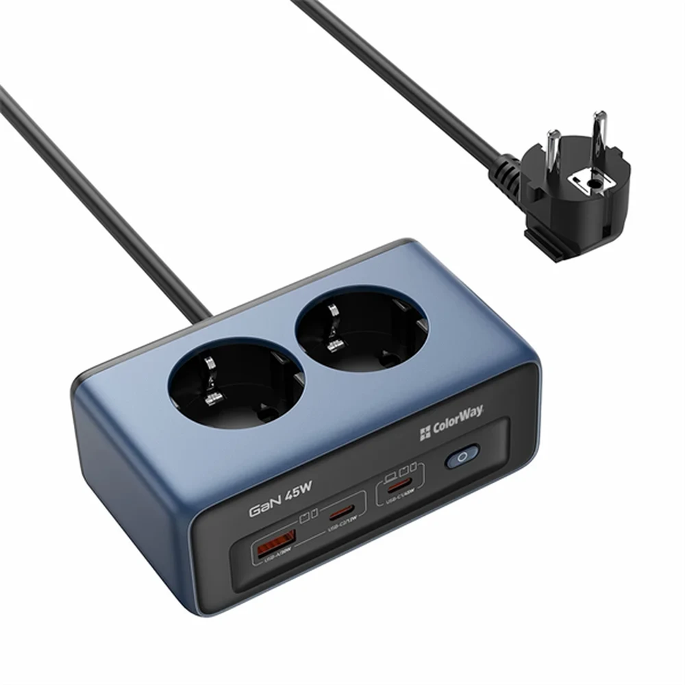 COLORWAY CW-CHE25PDB mural 2 utičnica 1x USB-A 2x USB-C GaN 45W crno