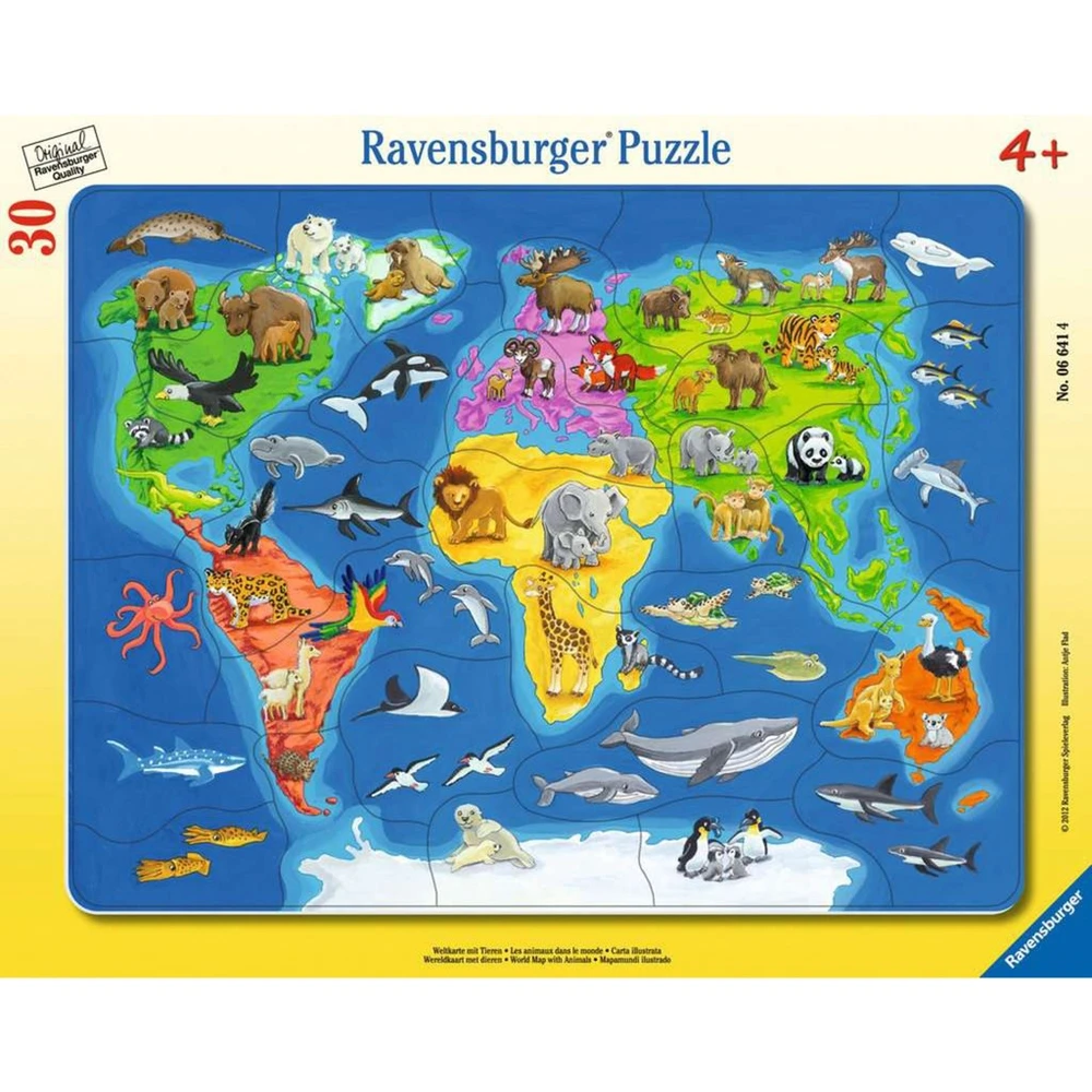 RAVENSBURGER Keretpuzzle játék 30 darabos Világtérkép állatokkal 6641
