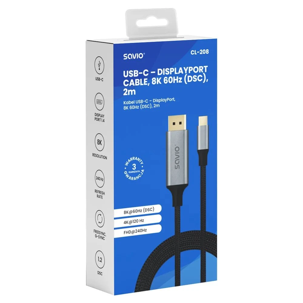 SAVIO USB-C - DisplayPort kábel 8K 60Hz (DSC) 2m CL-208 SAVIO CL-208
