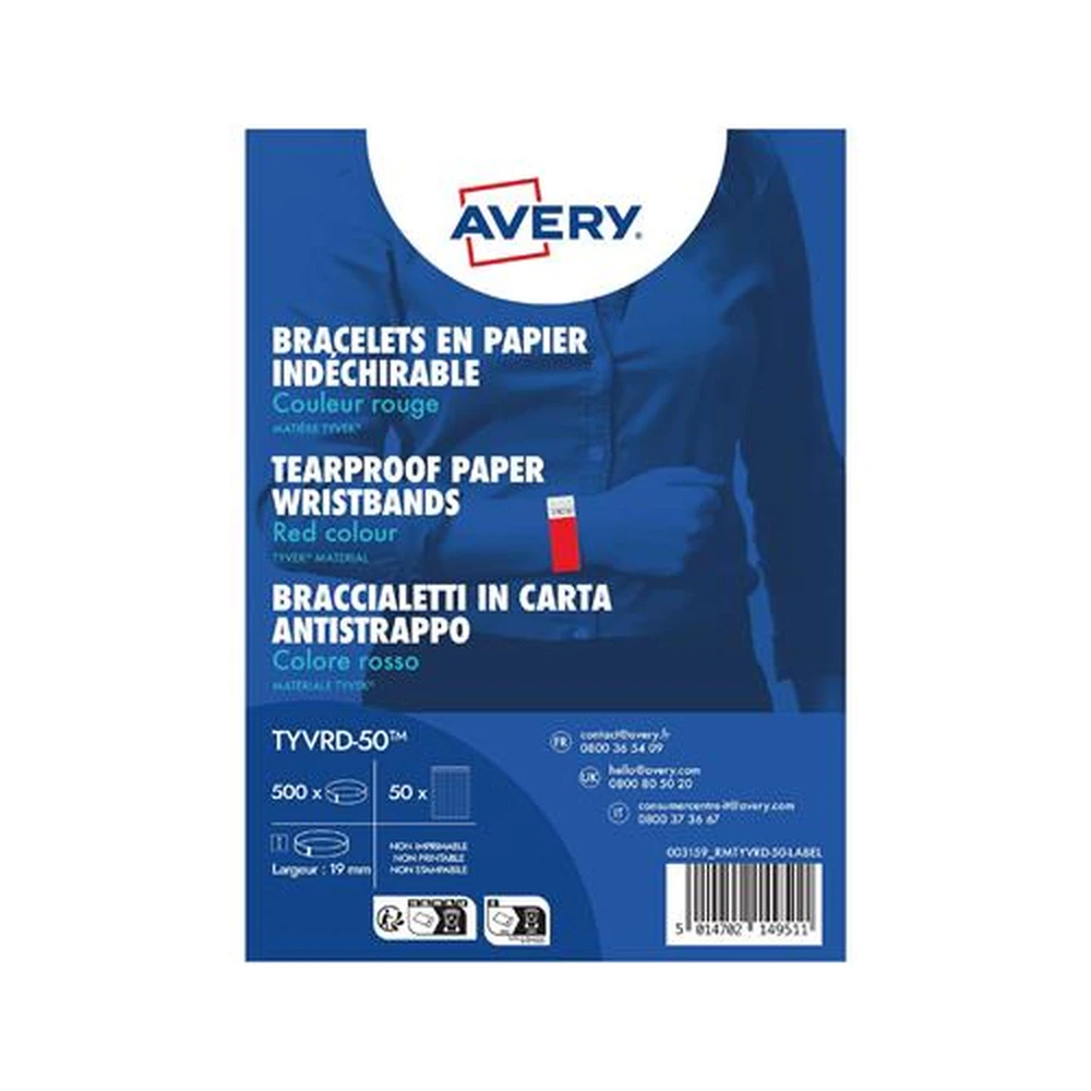 AVERY Tyvek karszalag 265x19 mm red 500pcs AYTYVRD50