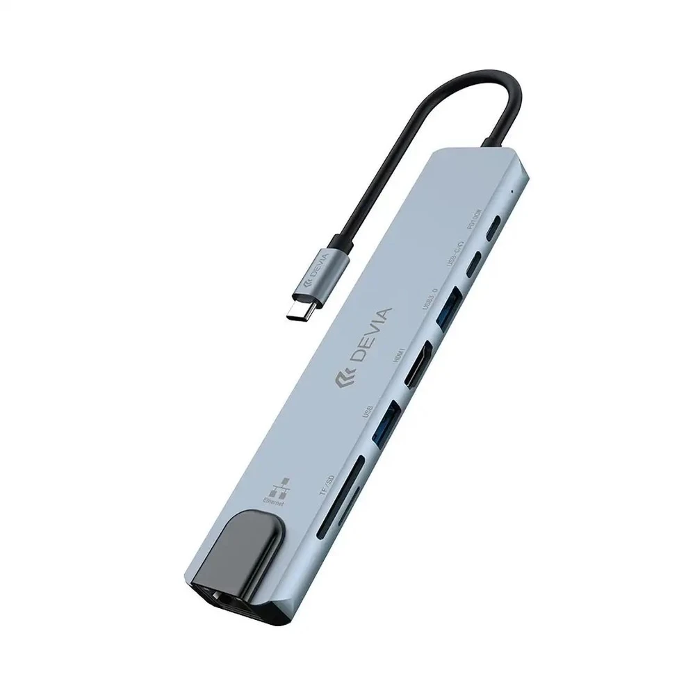 DEVIA PRO1 Type-C HUB 8in1 elosztó 2xUSB 2xType-C HDMI RJ45 SD/microSD 100W PD szürke EC706