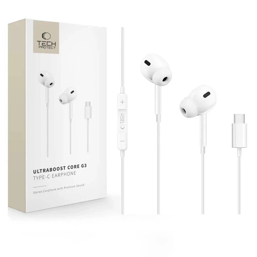 TECH-PROTECT UltraBoost G3 USB-C vezetékes fülhallgató hangerőszabályzóval mikrofonnal fehér SP116490