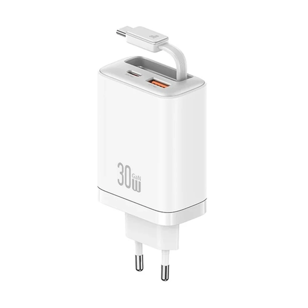 USAMS CC296 de reţea încărcător USB+Type-C priză 30W GaN PD încărcător rapid + fix Type-C cablu ALB CC296TC02