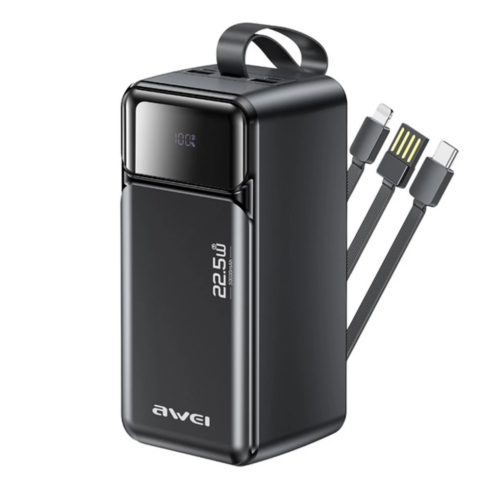AWEI PA-107 încărcător de urgență 3 USB priză 50000mAh 225W PD încărcător rapid 3.0 fix Type-C/lightning cablu negru
