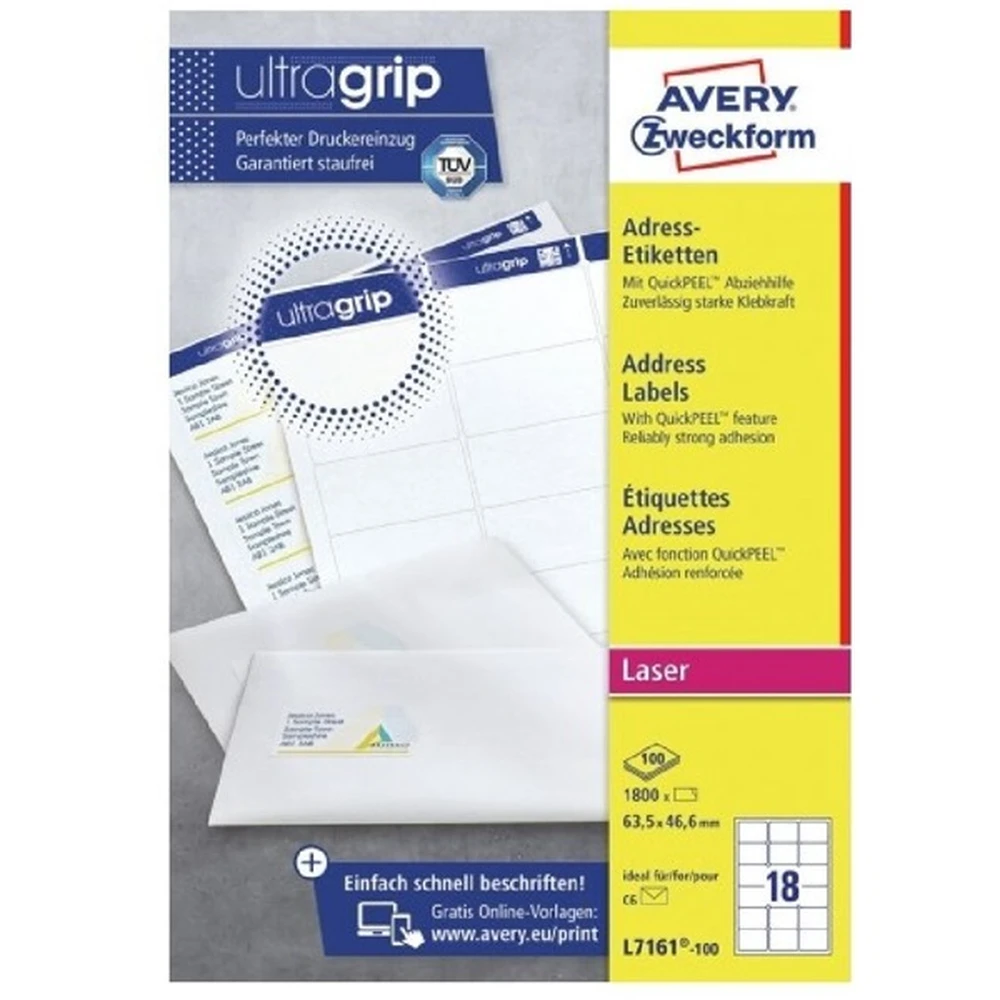 AVERY Címke lézer nyomtatóhoz 63.5x46.6mm 100x18db tartós fehér