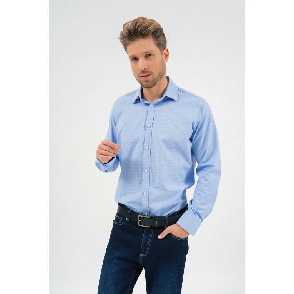 BUDMIL Modern fit hosszú ujjú kockás ing Férfi L kék