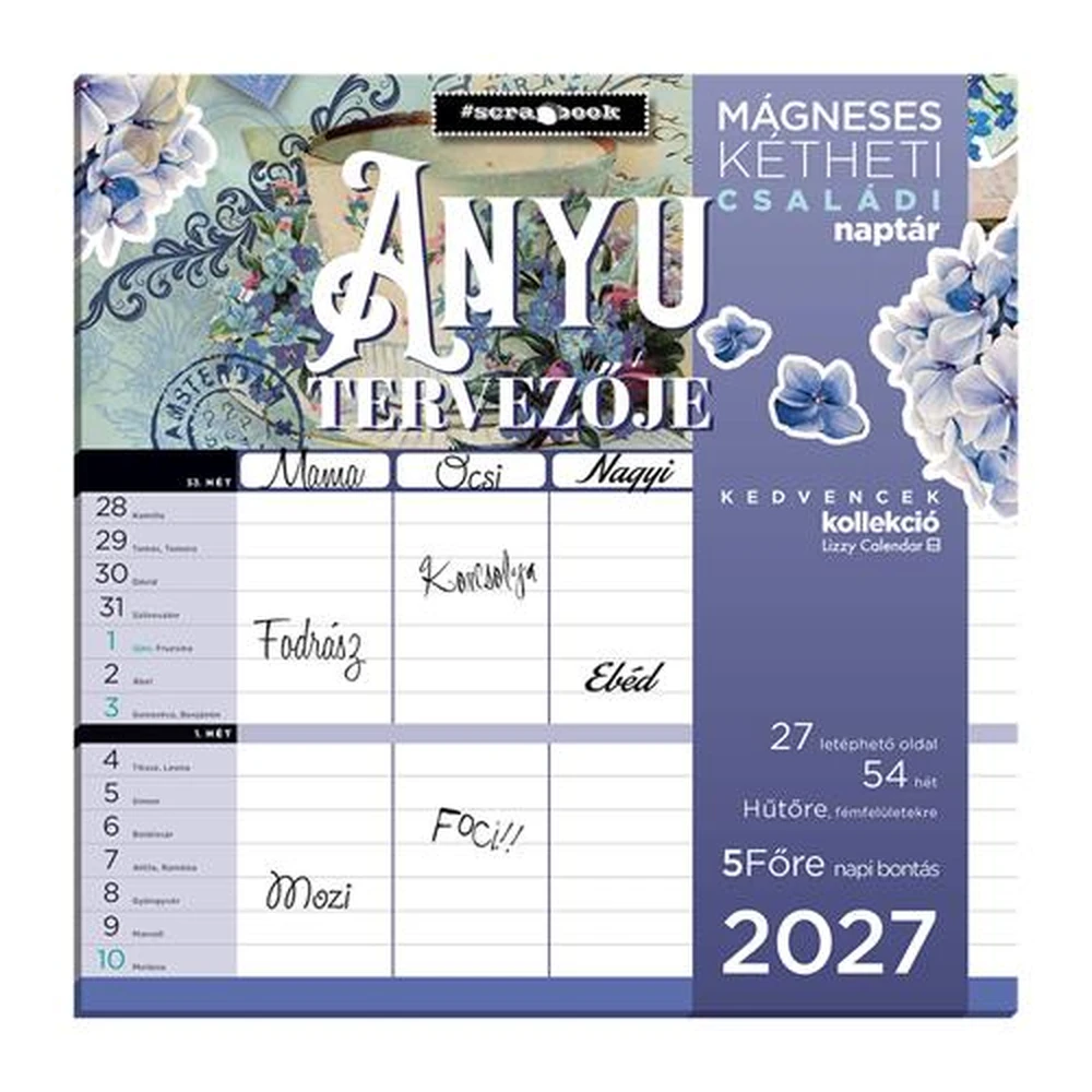 LIZZYCALENDAR Magnetic kétheti falinaptár 2027 22x22 cm Anyu tervezője Scrapbook Style