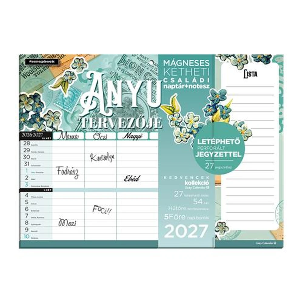 LIZZYCALENDAR Magnetic kétheti falinaptár jegyzettömbbel 2027 22x30 cm Anyu tervezője Scrapbook Style