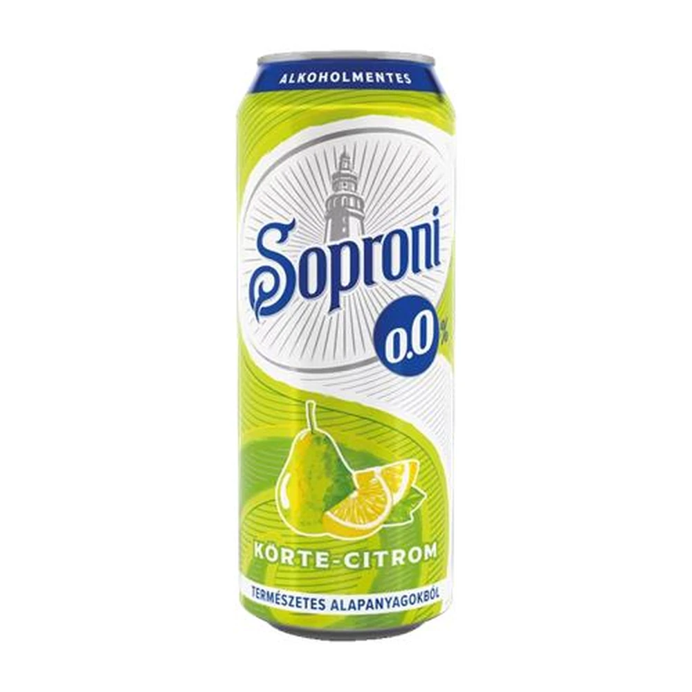 SOPRONI Alkoholmentes sör. 0.5 l. dobozos. "0.0%". körte-citrom