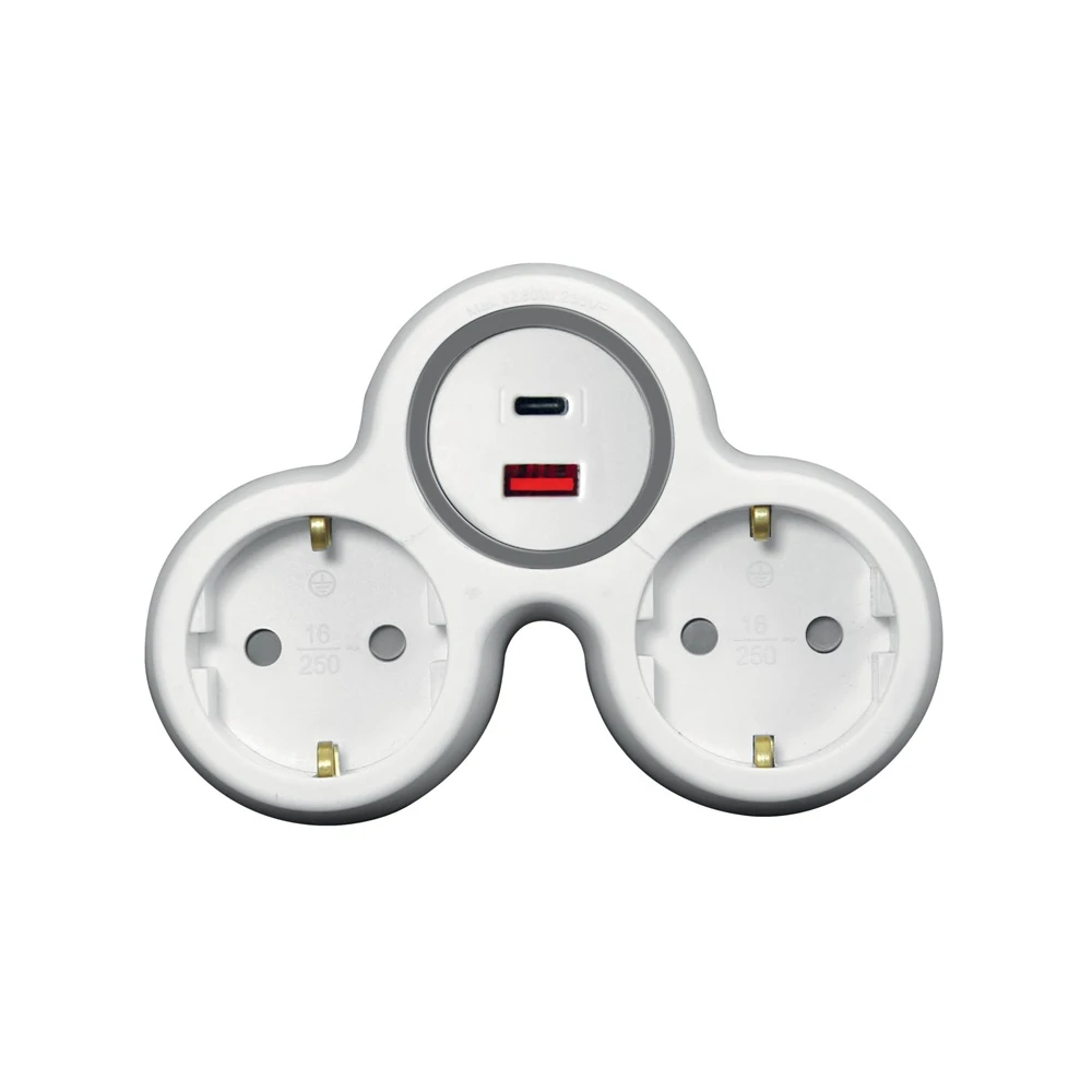 COMMEL Vernetzung Verteiler 2 Steckdose USB A+C 20W weiß grau 240-802