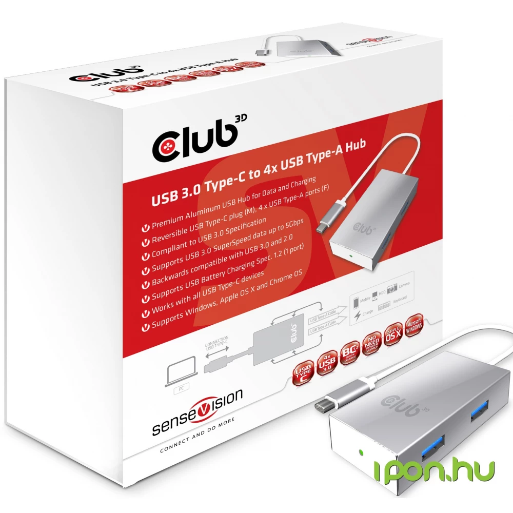 CLUB3D USB 3.0 Type-C to 4x USB Type-A Hub BC1.2 Fast Charging CLUB3D USB 3.0 Type-C to 4x USB Type-A Hub BC1.2 Fast Charging
