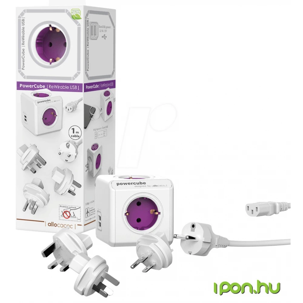 ALLOCACOC PowerCube 4-es elosztó 2xUSB ReWirable 4db utazós csatlakozóval fehér-lila ALLOCACOC PowerCube 4-es elosztó 2xUSB ReWirable 4db utazós csatlakozóval fehér-lila