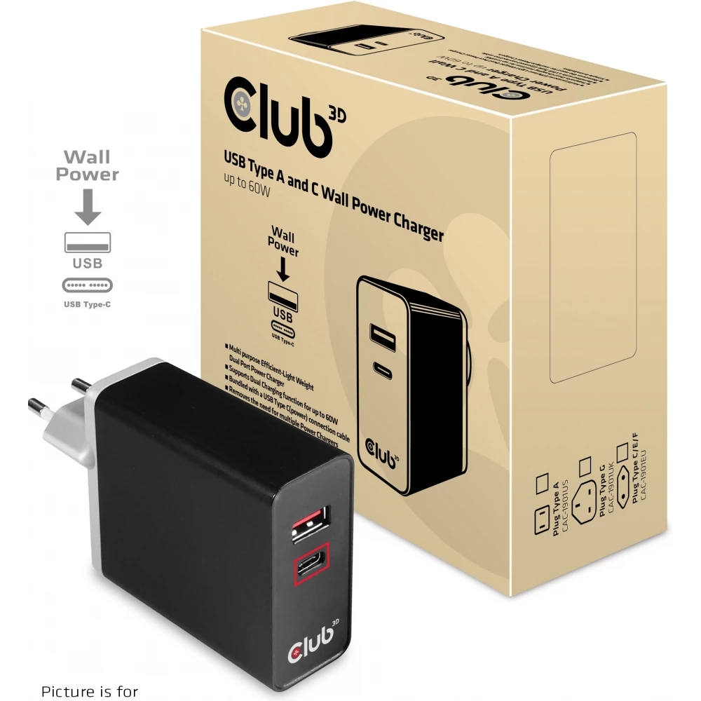 CLUB3D USB Type A and C Dual Power Charger up to 60W EU