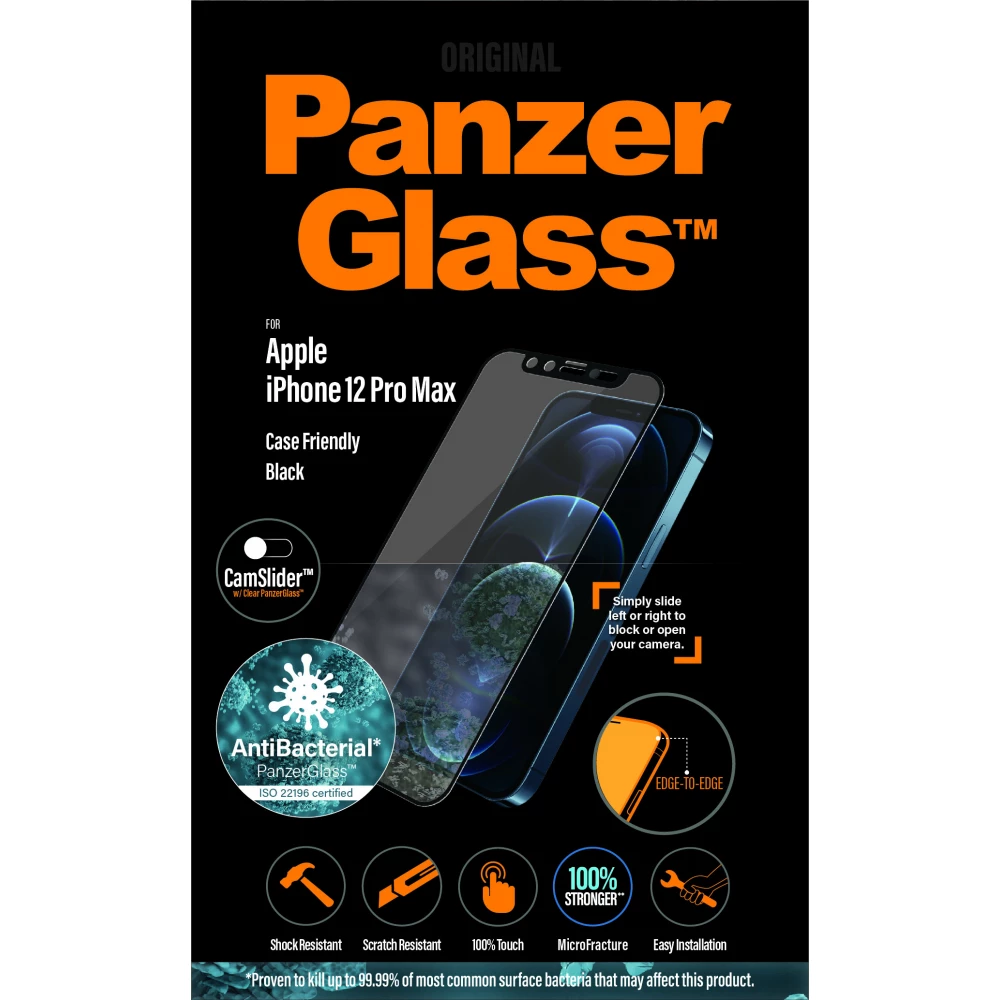 PANZERGLASS Screen Protector Case Friendly CamSlider Antibacterial iPhone 12 Pro Max fekete PANZERGLASS Screen Protector Case Friendly CamSlider Antibacterial iPhone 12 Pro Max fekete
