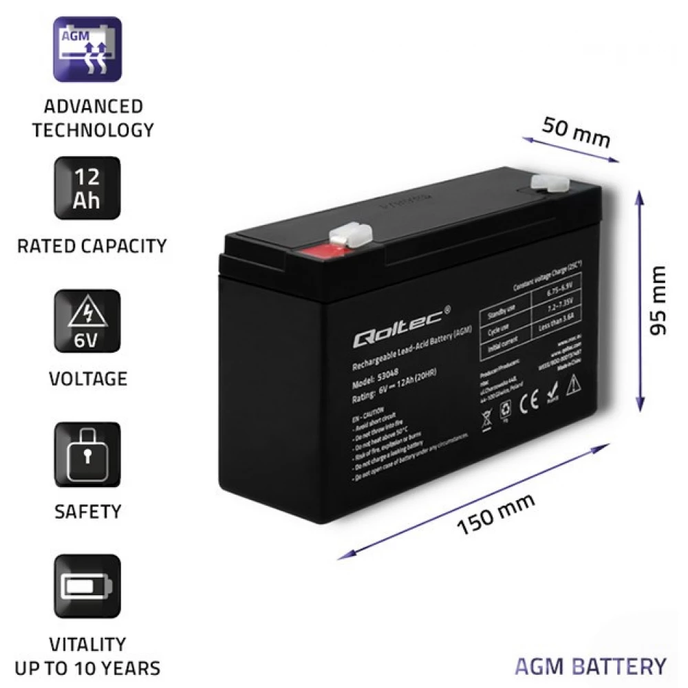 QOLTEC AGM battery 6V 12Ah 53048