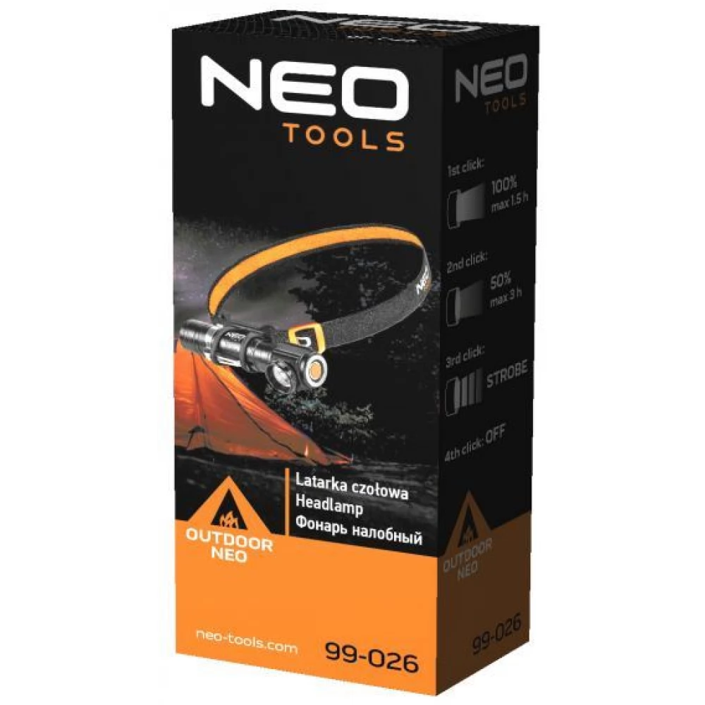NEO TOOLS 99-026 Kopfstütze+Taschenlampe in 2az1 wiederaufladbar USB 800lm CREE XML-T6 LED 10W