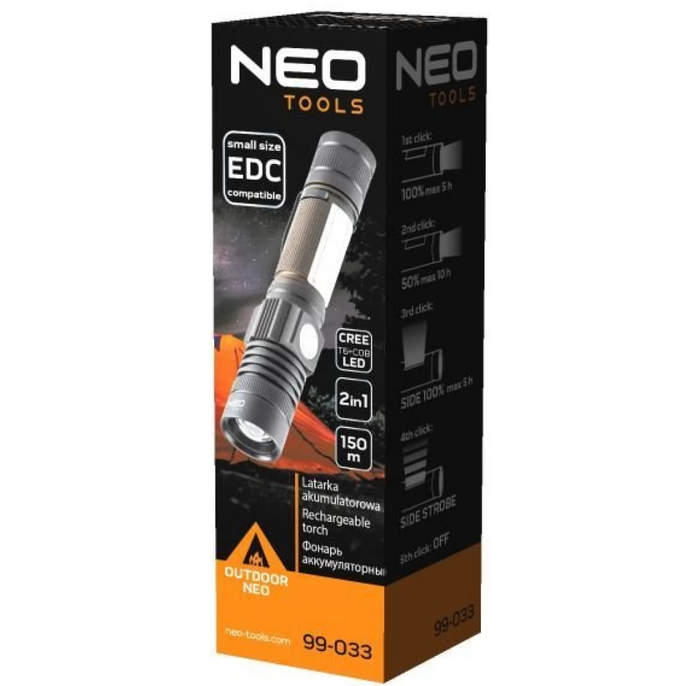 NEO TOOLS 99-033 Zseblámpa tölthető 2 funkciós USB 800lm CREE T6 LED 10W