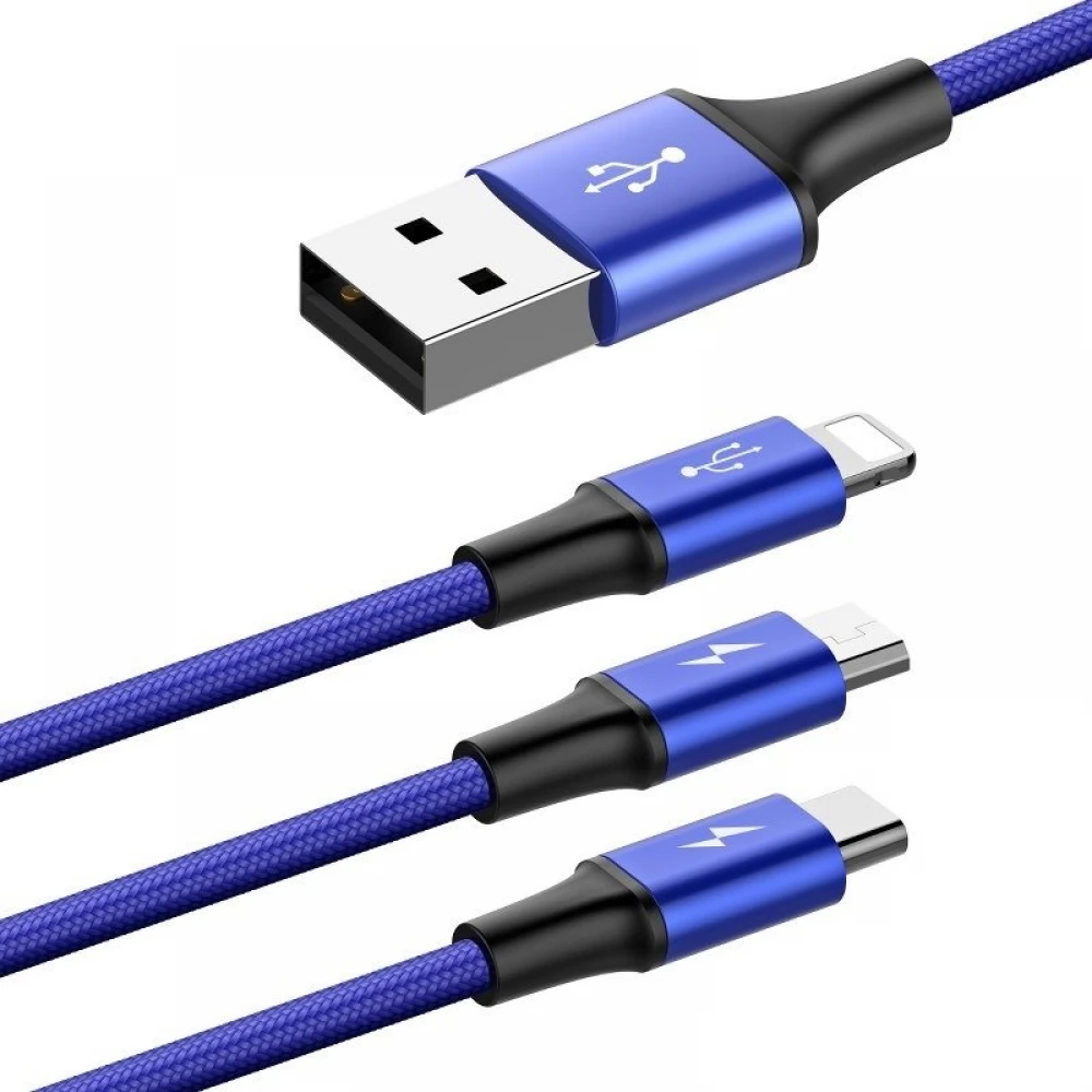 BASEUS USB Lightning + Micro USB + USB Type C Transformator Blau 1.2m CAMLT-SU13
