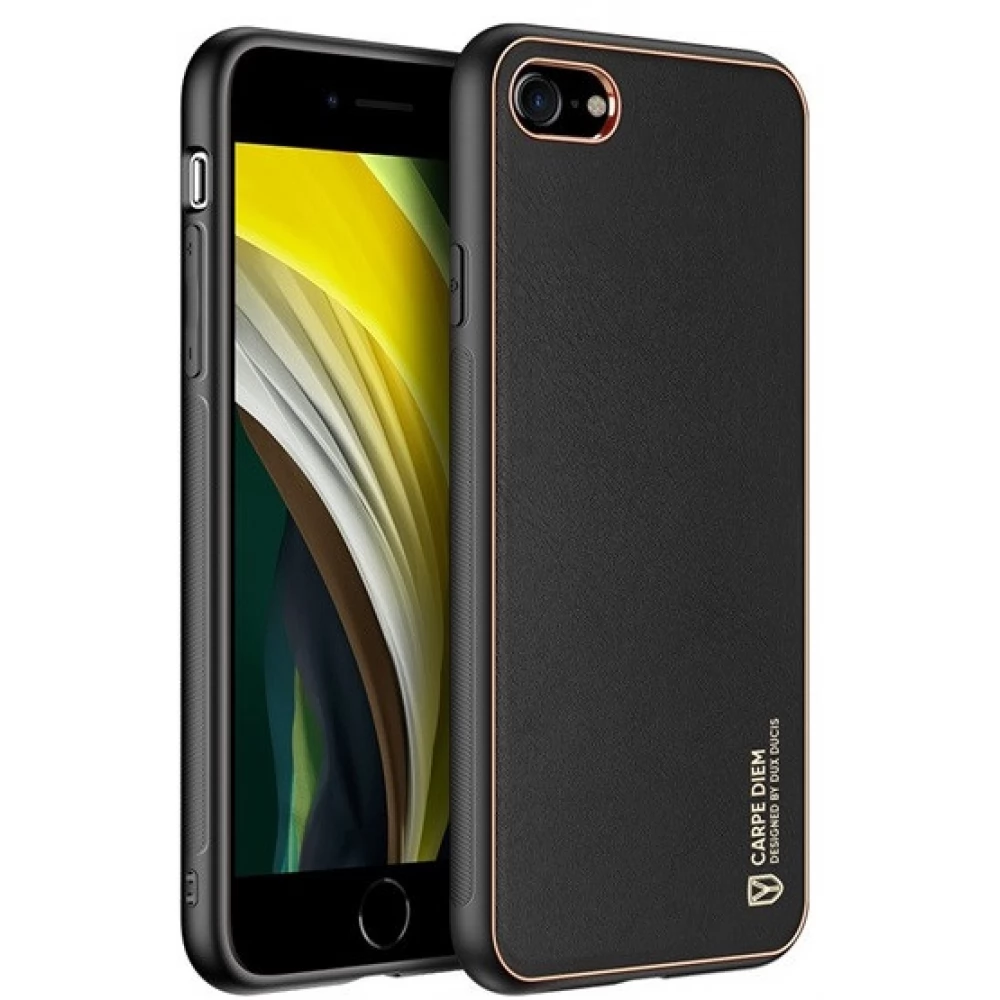 DUX DUCIS Yolo Bőrhatású műanyag hátlaptok szilikon fémhatású keret iPhone 7/8/SE (2020) fekete
