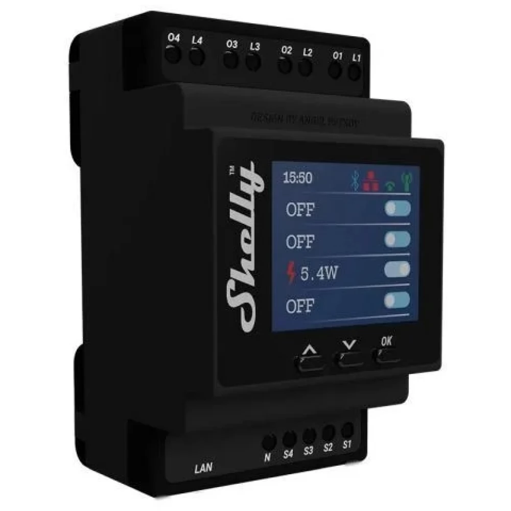 SHELLY ALL-REL-PRO4PM Pro 4PM DIN-sínre mountable consumption meter WiFi+LAN okosrelé black