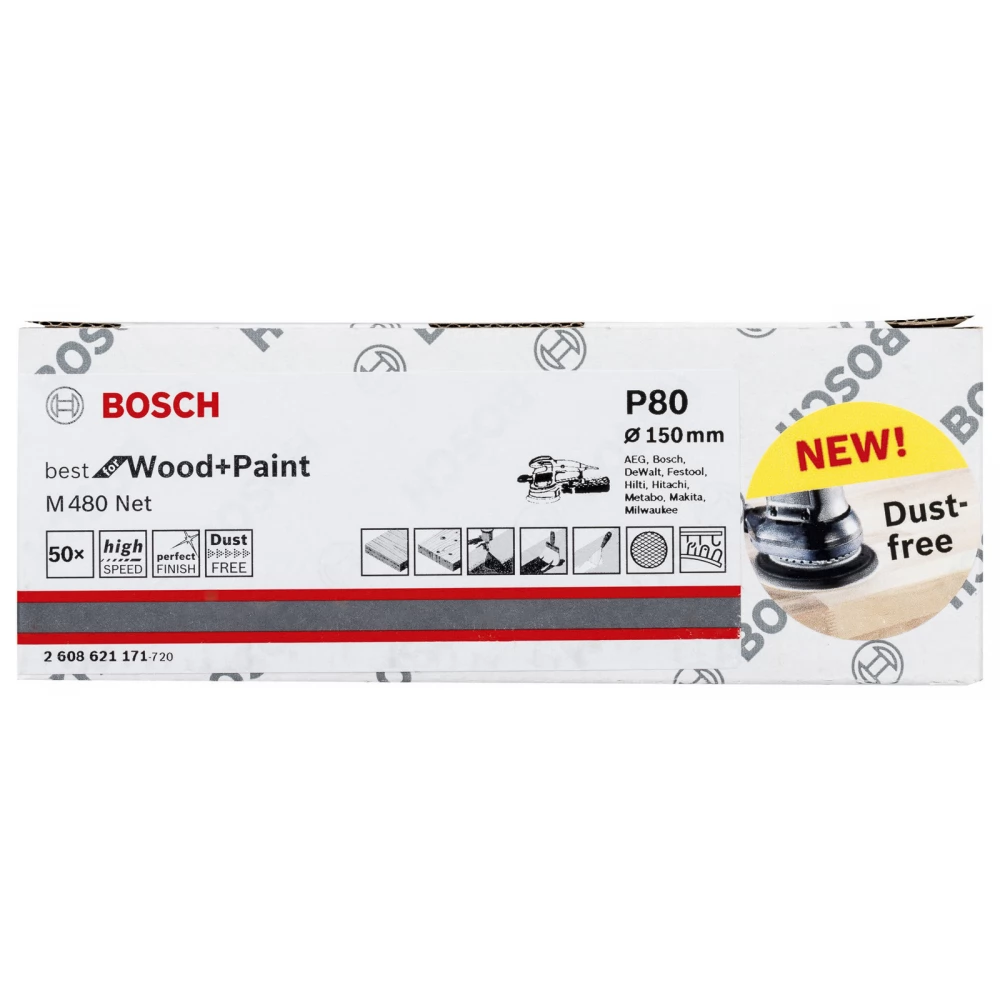 BOSCH sanding sheet M480 Best for Wood and Paint 150mm P80 - 50 pcs box (Basic guarantee)