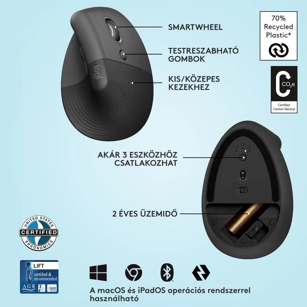 LOGITECH Lift right-handed Vertical ergonomical cable without mouse ...