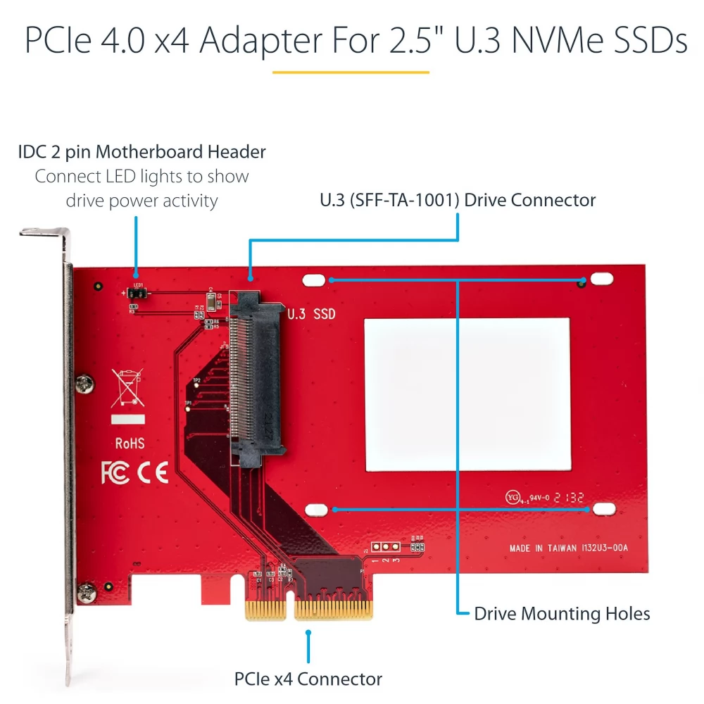 PEX4SFF8639U3 U.3 to PCIe Adapter Card, PCI Express 4.0 x4