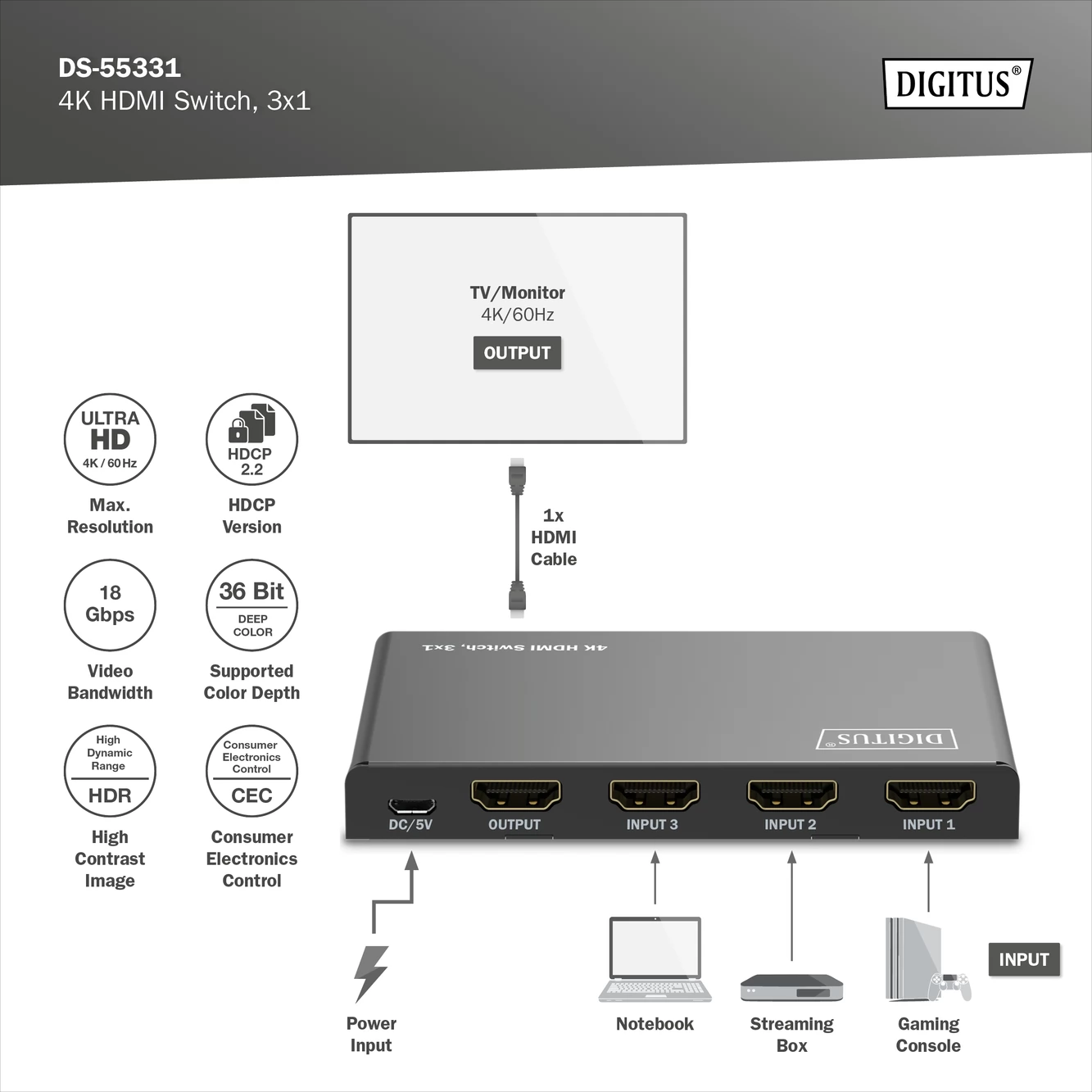 DIGITUS DS-55331 4K HDMI Switch 3x1 - iPon.hu